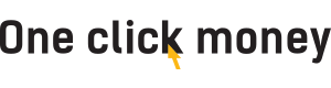 Логотип Oneclickmoney.ru с названием черным цветом и оранжевой стрелочкой мыши надо словом click