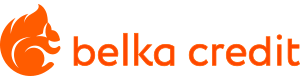 Логотип Belkacredit.ru с названием латиницей оранжевыми буквами и оранжевой белкой с орешком