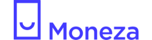 Логотип Moneza.ru синим цветом с название прописными буквами и визуальной частью в виде стилизованного мешка с покупками