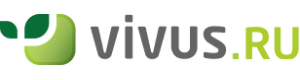 Логотип Vivus.ru большими серо-зелеными буквами и стилизованное растение с листиками