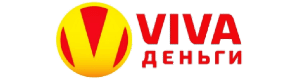 Логотип Vivadengi.ru красными буквами латиницей VIVA и кириллицей «деньги», с золотой буквой V в красном круге