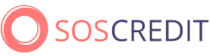 Логотип Soscredit.ru большими буквами красного и черного цвета и большой стилизованный круг с красным контуром