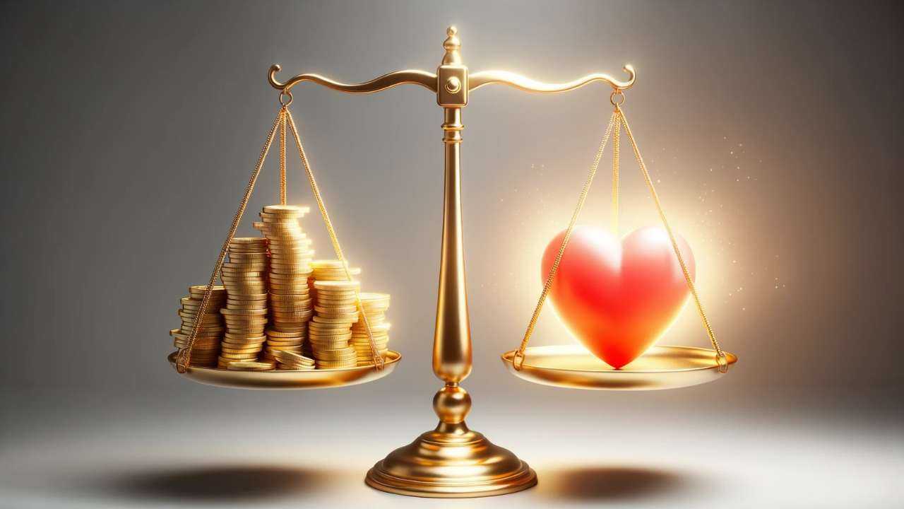 Весы, на одной стороне лежит груда золотых монет, а на другой — сияющее сердце, как баланс между материальным и эмоциональным
